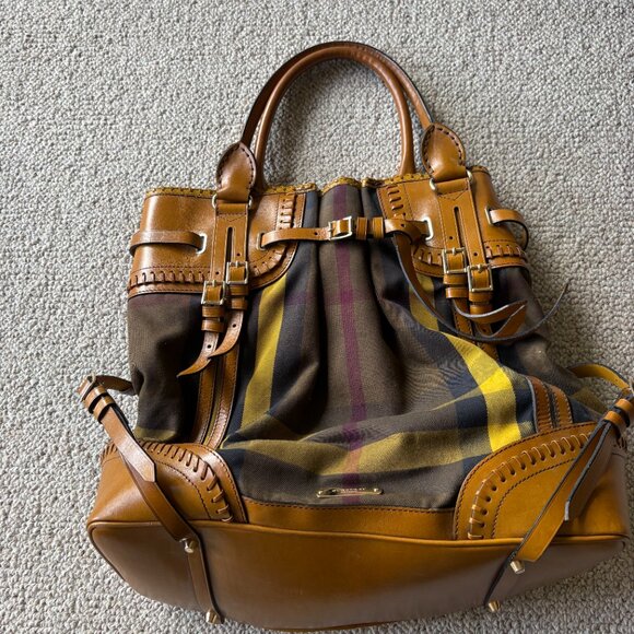Burberry Prorsum House Check Canvas Tote Chrome Yellow Bridle Leather Large - Picture 2 of 16